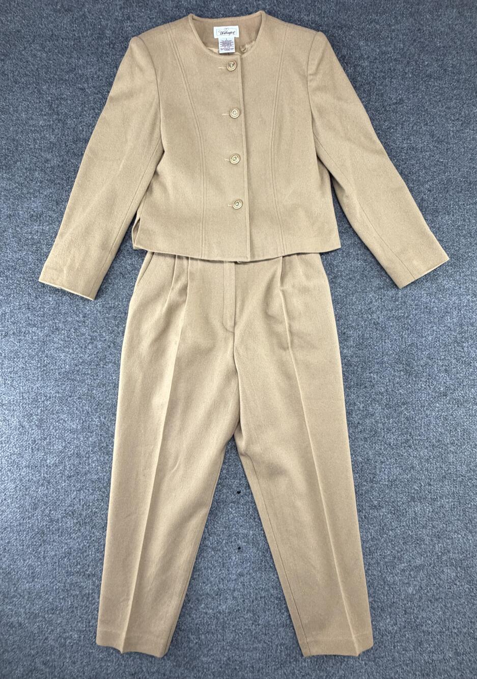Vtg Worthington Pant Suit Set Womens 12P Beige Wool Lined Petite 2 Piece